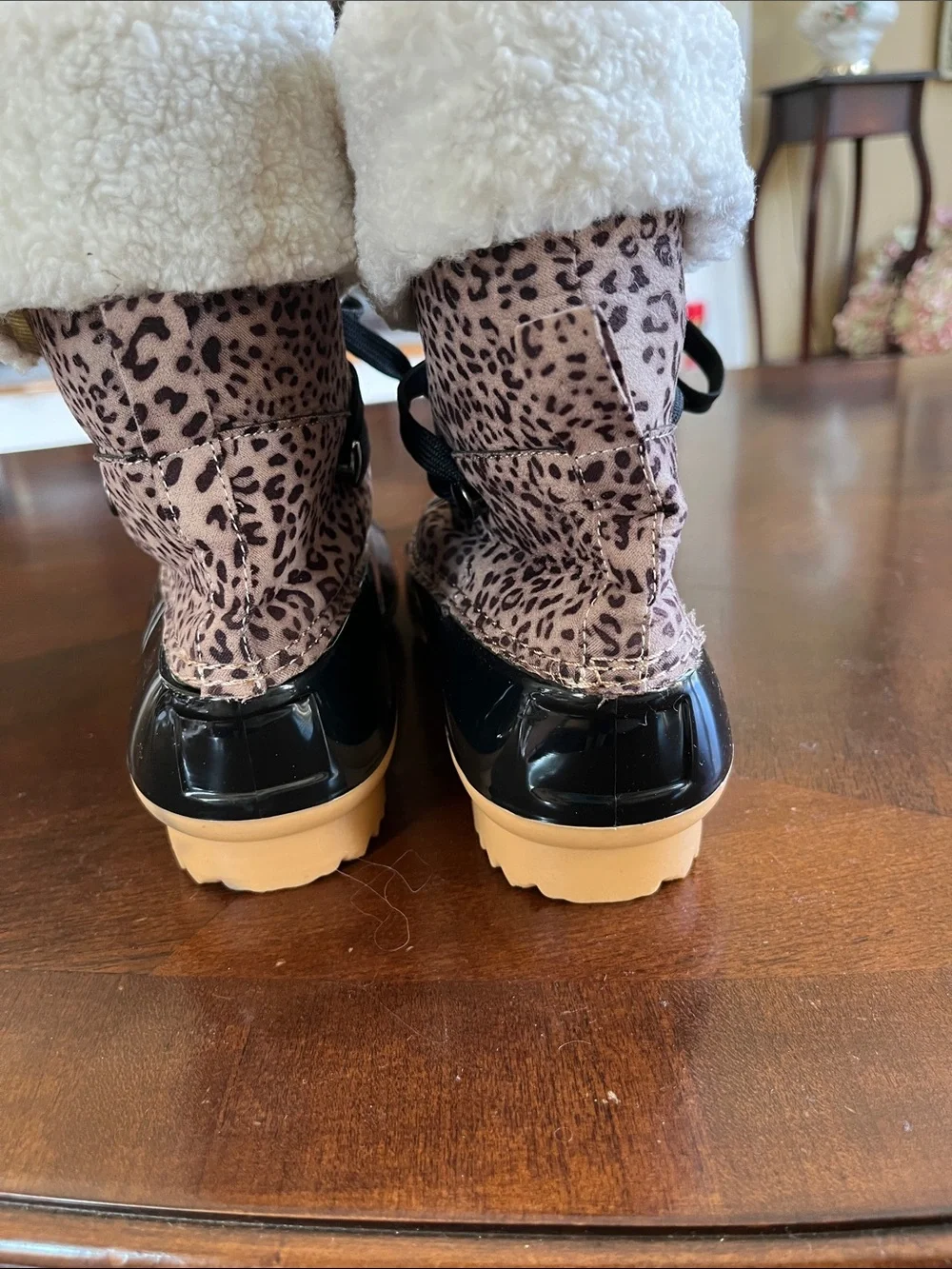 Dolce Vita Leopard Print Faux Fur Rain Boots - Black and Brown